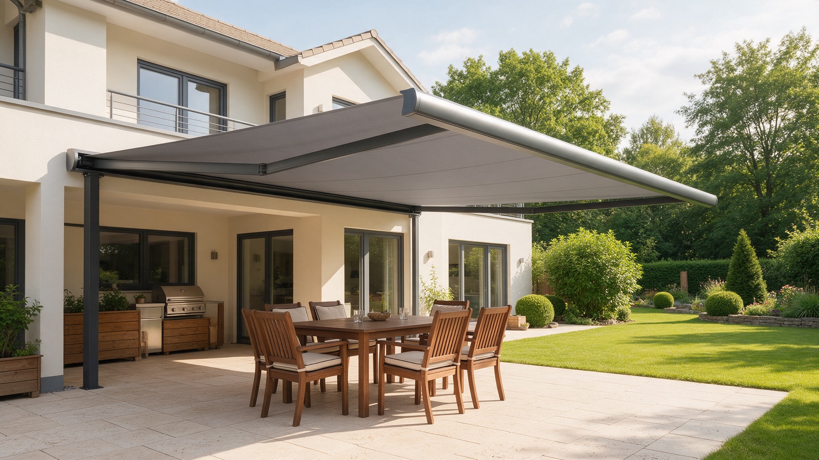 Terrasse mit ausgefahrener Kassettenmarkise in Anthrazit