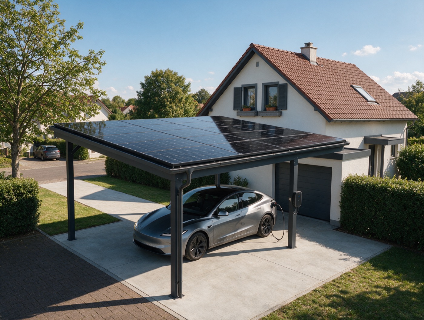 Solar-Carport mit Elektroauto an der Wallbox